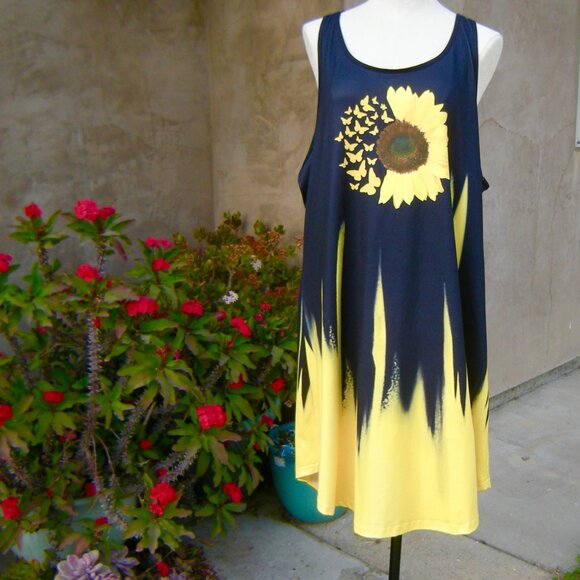 Plus Size 3x Sunflower and Butterflies Summer Sleeveless A Line Shift Dress - Picture 1 of 9